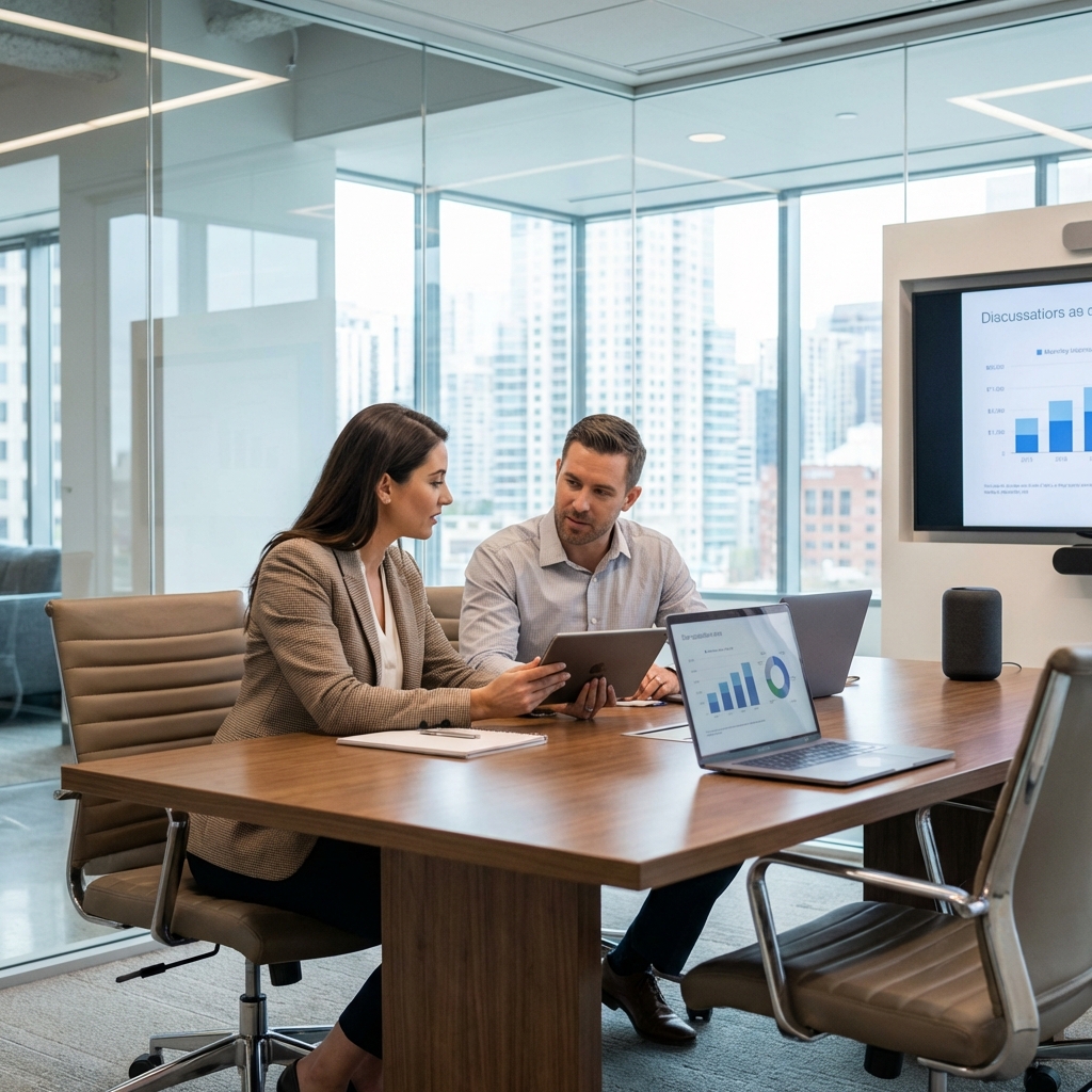 Two professionals discussing business strategy in a modern office